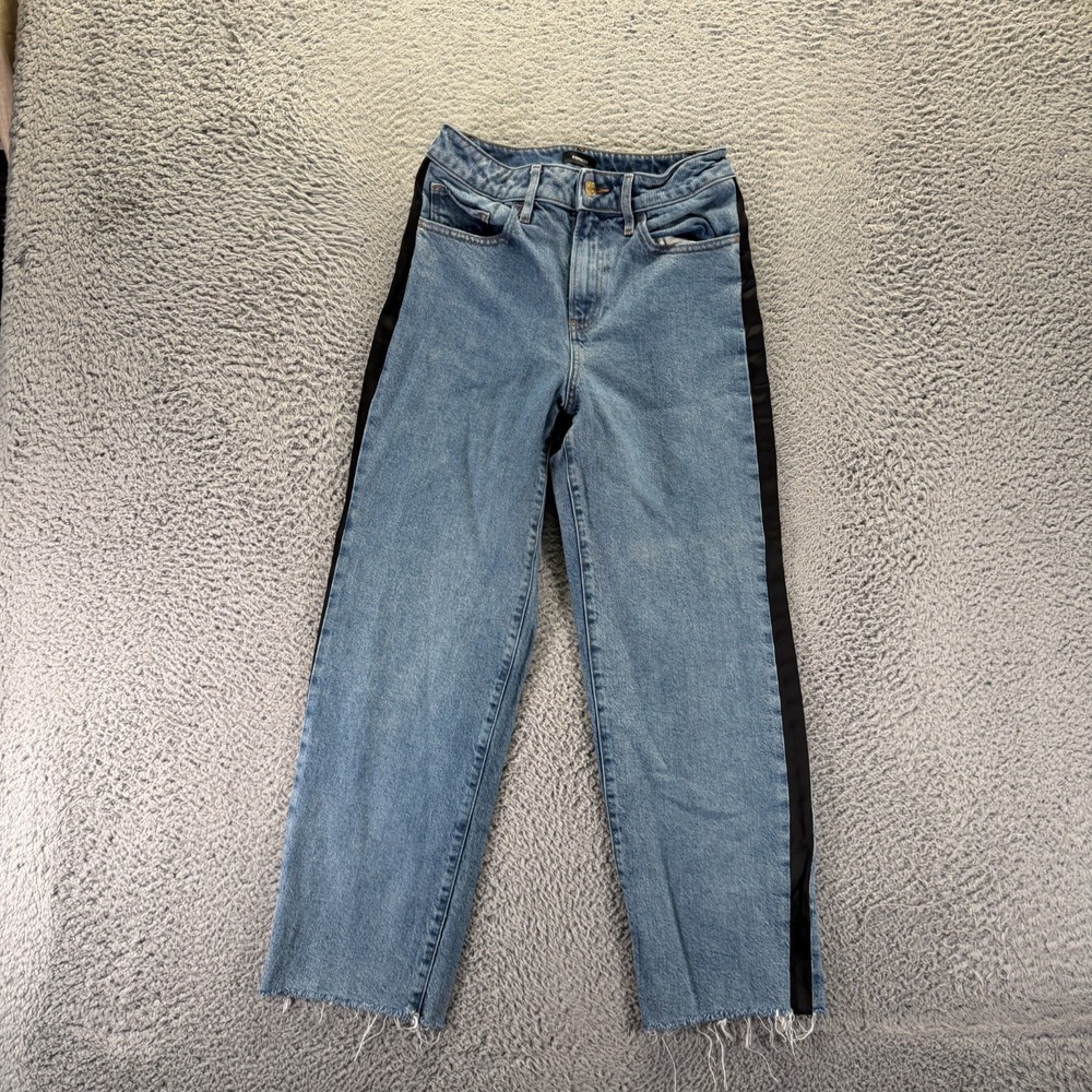 Express Jeans Womens 0 Blue Cotton Denim Ankle Straight Relaxed Raw-Hem Stretch